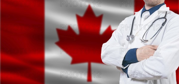 Canada Health and Care concept. Male doctor on Canada flag. Doctor with crossed arms on Canada flag