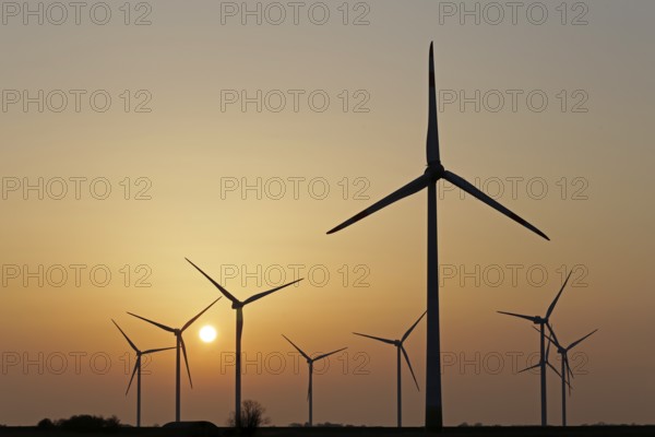Wind farm, wind power plants, sunset, Reußenköge, North Frisia, Schleswig-Holstein, Germany, Europe
