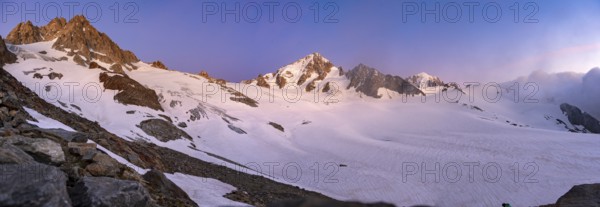 High alpine mountain landscape at sunset, Glacier du Tour, glacier and mountain peak, summit of the Aiguille de Chardonnet, Chamonix, Haute-Savoie, France, Europe