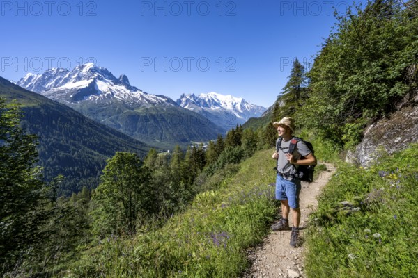 Mountaineer on hiking trail, mountain panorama with glaciated mountain peaks, Aiguille Verte with Aiguille du Midi and Mont Blanc, hike to Aiguillette des Posettes, Chamonix, Haute-Savoie, France, Europe