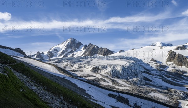 High alpine mountain landscape, summit of the Aiguille de Chardonnet and Glacier du Tour, glaciers and mountain peaks, Chamonix, Haute-Savoie, France, Europe
