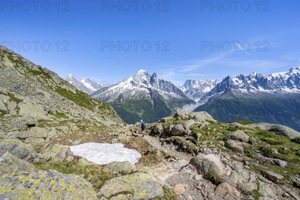 Mountaineer on a hiking trail in front of a mountain landscape, view of the mountain peaks Aiguille Verte and Grandes Jorasses of the Mont Blanc massif, Aiguilles Rouges, Chamonix-Mont-Blanc, Haute-Savoie, France, Europe