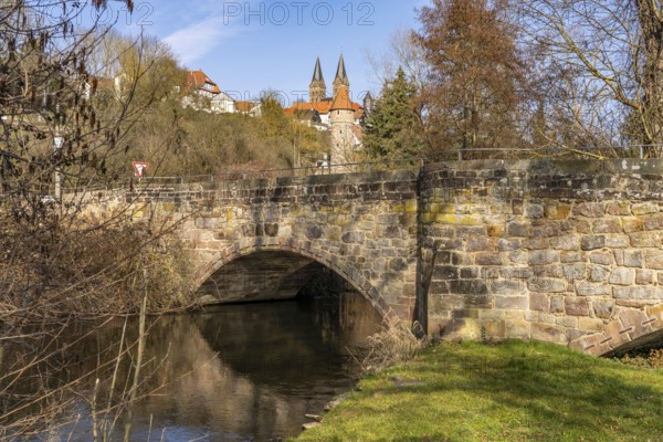 Bridge over the Mühlgraben and St Peter's Cathedral, Fritzlar, Schwalm-Eder district, Hesse, Germany, Europe