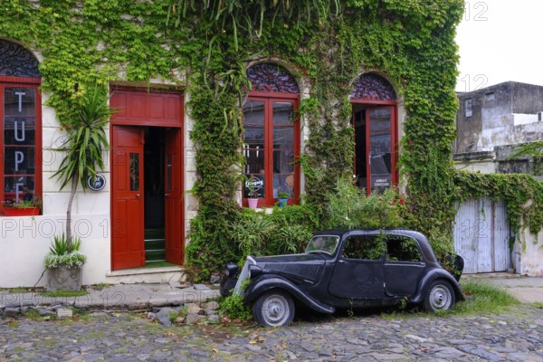 Colonia del Sacramento, Colonia, Uruguay, vintage cars parked in the alleyways of the old town. Colonia del Sacramento is a city on the Río de la Plata in Uruguay. It is the capital of the department of Colonia. Colonia del Sacramento is the oldest city in Uruguay and its historic centre, a popular tourist destination, has been declared a UNESCO World Heritage Site, South America