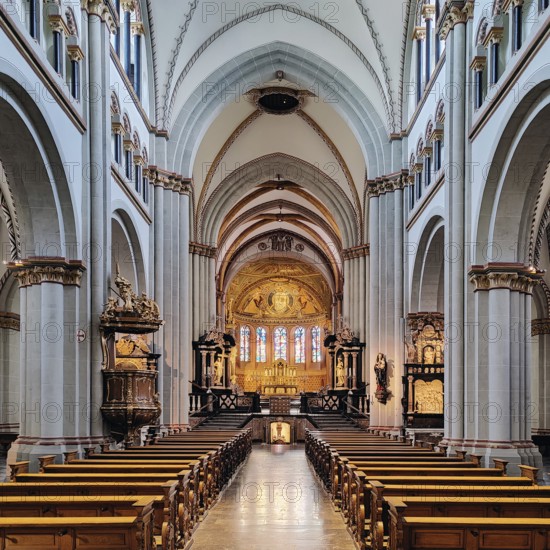 Interior view of Bonn Minster, nave with view of the eastern apse, Bonn, North Rhine-Westphalia, Germany, Europe
