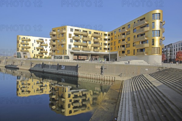 Modern golden building Pandion Doxx and reflection in the harbour, quay, quay wall, staircase, golden, residential complex, customs harbour, Neustadt, Mainz, Rhine-Hesse region, Rhineland-Palatinate, Germany, Europe