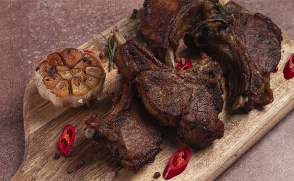 Fried veal ribs, with spices, baked in the oven, homemade, no people