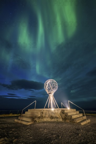 Northern Lights at the North Cape with steel globe, Nordkapp, Finnmark, Norway, Europe