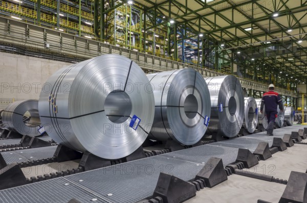 Dortmund, North Rhine-Westphalia, Germany, ThyssenKrupp Steel, FBA 10 hot-dip galvanising line 10, on the site of the Westfalenhütte, steel sheets are hot-dip galvanised here, the finished steel coils are ready for rail transport directly to the end customer in the automotive industry. The new thyssenkrupp plant has the gas consumption of a medium-sized city. The material that is processed in Dortmund is transported by rail from the blast furnace site in Duisburg, Europe