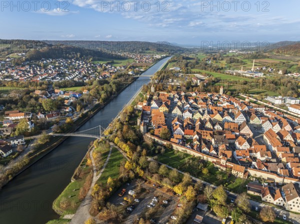 Historic center of village Berching, half-timbered houses, town wall, aerial view, Berching, Bavaria, Germany, Europe