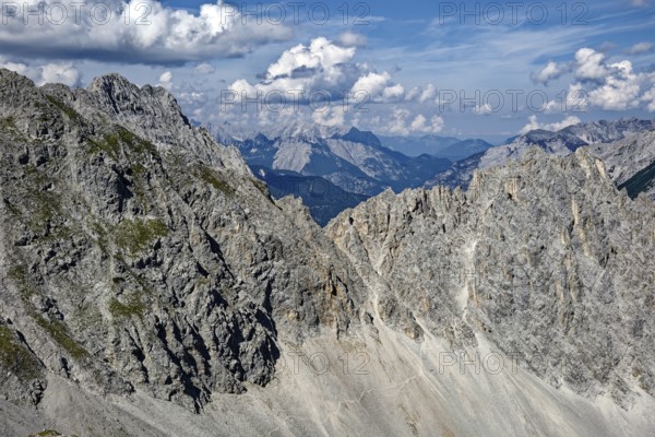 At the Hafelekar, view from the Karwendelblick of the Innsbruck Nordkette to the Karwendel mountains of the Alps, Alpine landscape, Innsbruck, Tyrol, Austria, Europe