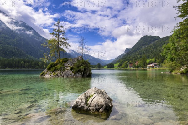 Hintersee near Ramsau with clear green water, surrounded by forests and mountains under a cloudy sky, Berchtesgaden National Park, Berchtesgadener Land, Upper Bavaria, Bavaria, Germany, Europe