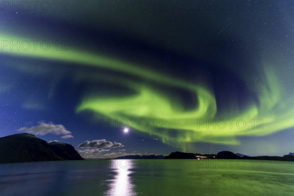Northern Lights, (Aurora borealis) at a fjord near Skjiervoya, September 2024, Lapland, Finnmark, Norway, Europe