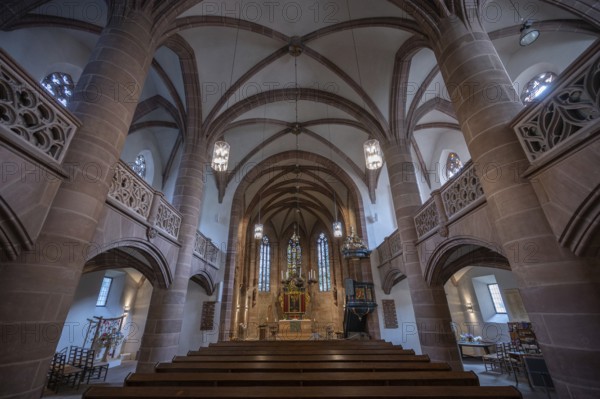 Interior with altar of the Church of St Nicholas and St Ulrich, nave built around 1400, Kirchenberg 15, Nuremberg-Mögeldorf, Middle Franconia, Bavaria, Germany, Europe