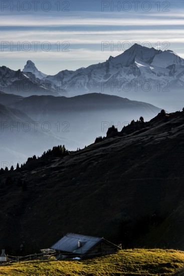 Swiss Alps, Matterhorn, mountain hut, alpine hut, evening light, dusk, fog, silhouette, Valais, Switzerland, Europe