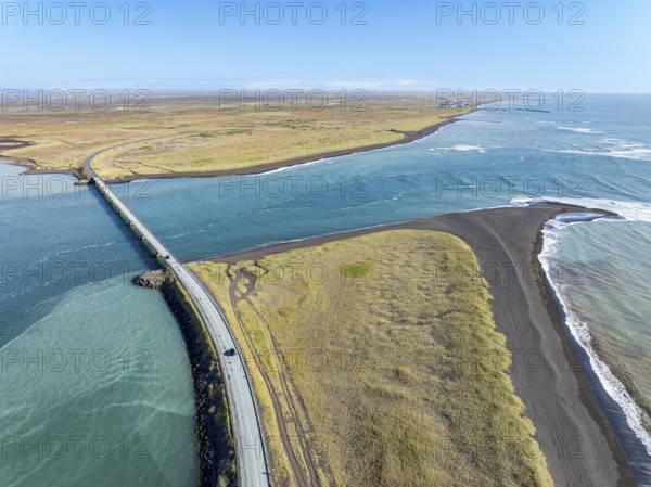 Bridge over Ölfusa river, open sea, near Eyrarbakki, aerial view, southern coast, Iceland, Europe