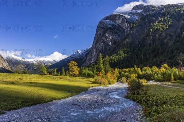 Brook, mountain landscape, maple trees, snow-covered mountains, sunny, autumn, Großer Ahornboden, Karwendel Mountains, Tyrol, Austria, Europe