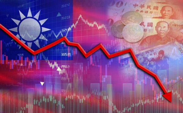 Financial fall of Taiwan on economy market. Taiwan financial crisis on economic graph
