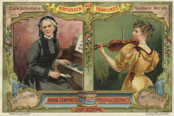 Picture series Virtuosen der Tonkunst, Clara Schumann and Normann Neruda, Liebig picture, digitally restored reproduction of a collector's picture from around 1900, public domain, exact date unknown, portraits of Schumann and Neruda, musical depictions, artistic frame