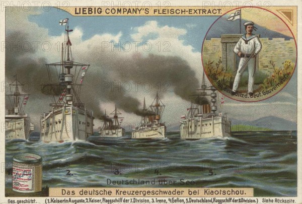 Picture series German overseas colonies, the German cruiser squadron at Kiaochou, China, Liebig picture, digitally restored reproduction of a collector's picture from ca 1900, public domain, exact date unknown, German cruiser squadron at Kiaochou on the high seas, with steam clouds, Asia