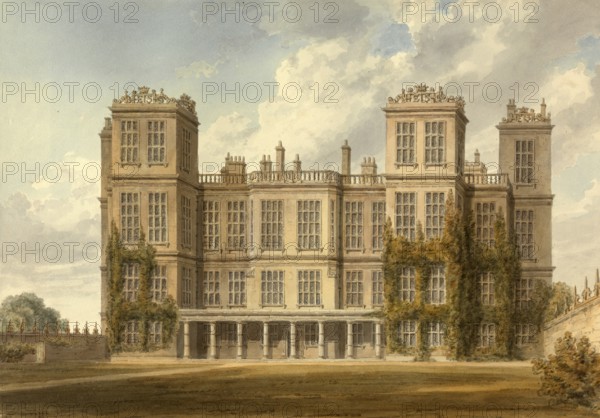North View of Hardwick Hall, Derbyshire, the Seat of the Duke of Devonshire, England, digitally restored reproduction of a 19th-century original by John Buckler, Record date not stated, North View of Hardwick Hall, Derbyshire the Seat of the Duke of Devonshire, digitally restored reproduction of a 19th-century original, Record date not stated