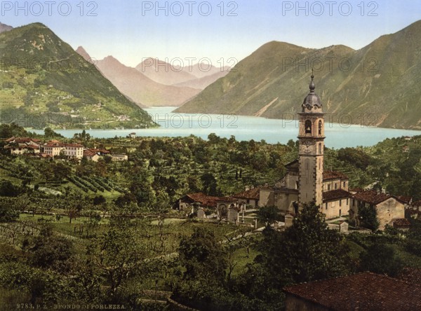 General view, Porlezza, Italy, Historic, digitally restored reproduction from a 19th century original, Record date not stated, General view, Italy, Historic, digitally restored reproduction from a 19th century original, Record date not stated, Europe