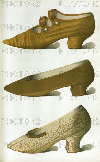 Shoe fashion in 1900, Women's shoes, Shoe of cloth of gold, with gilt buttons and crystal studs, and elongated toe (1900)
