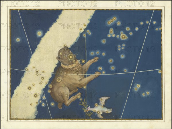 Astronomy. The celestial atlas, the Uranometria, Ptolemaic constellations, by Johann Bayer (1572 - 7 March 1625), German astronomer, Canis Major, Great Dog, south of the celestial equator, digitally enhanced reproduction of a historical original