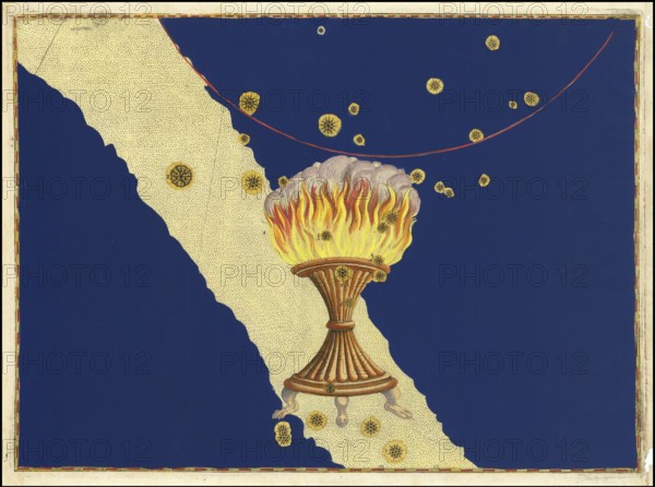Astronomy. The celestial atlas, the Uranometria, Ptolemaic constellations, by Johann Bayer (1572 - 7 March 1625), German astronomer, Ara, altar, constellation of the southern sky, digitally enhanced reproduction of a historical model