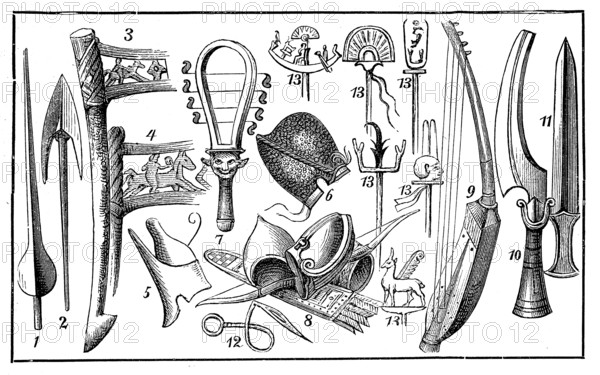 Ancient Egyptian weapons, spear, sword, sling, sistrum, ca. 1300 BC, historical, digital reproduction of an original from the 19th century