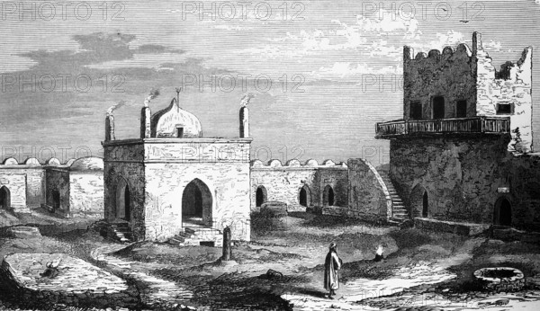 The Ateshgah or Atashgah, a former fire temple with the Eternal Flame of Baku, Azerbaijani capital, earth fire or earth fire, fortification, tower, wall, travelling in Asia, Azerbaijan, historical illustration 1887, Asia