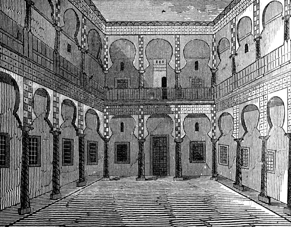 Two-storey house, open courtyard for festivities, gallery on the first floor, windows facing the courtyard, doors, columns, architecture, ornamentation, Bible, historical illustration, Biblical Dictionary 1862