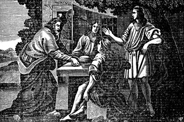 Abraham invites three strangers to rest and eat in front of his house, his woman Sarah stands at the front door, hospitality, table, plate, Genesis, woodcut, Christoph Schmid's Biblical History 1831