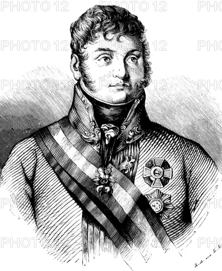 Portrait of Prince Karl zu Schwarzenberg, Austrian field marshal in uniform, medal, commander-in-chief of the allied forces against Napoleon at the Battle of Leipzig in 1813, Prussia, historical illustration 1882
