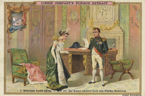 Picture series Madame Sans-Gene, Act 3, the emperor still owes the laundry bill, Liebig picture, digitally restored reproduction of a collector's picture from around 1900, public domain, exact date unknown, imperial moment with Napoleon and a woman in an elegant room