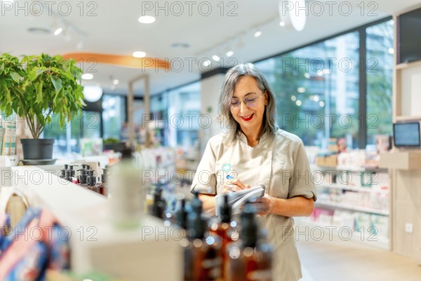 Female pharmacist checking products and doing inventory in the store