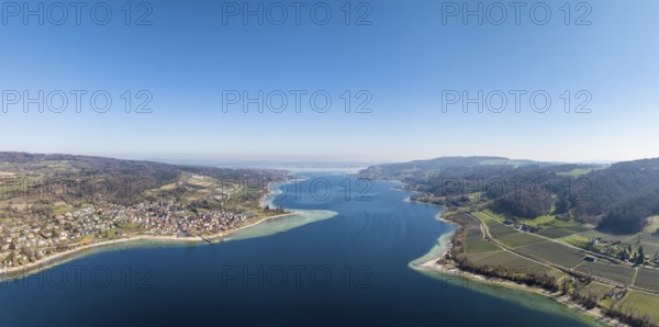 Aerial view, panorama of Lake Constance, Untersee, also known as Lake Rhine, which flows into the Rhine at Stein am Rhein, on the left the German peninsula Höri, on the right the Thurgau lake ridge, on the horizon the island of Reichenau, district of Constance, Baden-Württemberg, Germany, Europe