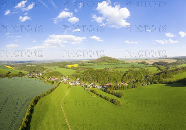 Landscape in the Osterzgebirge with Niederfrauendorf and Luchberg from above, Glashütte, Erzgebirge, Saxony, Germany, Europe