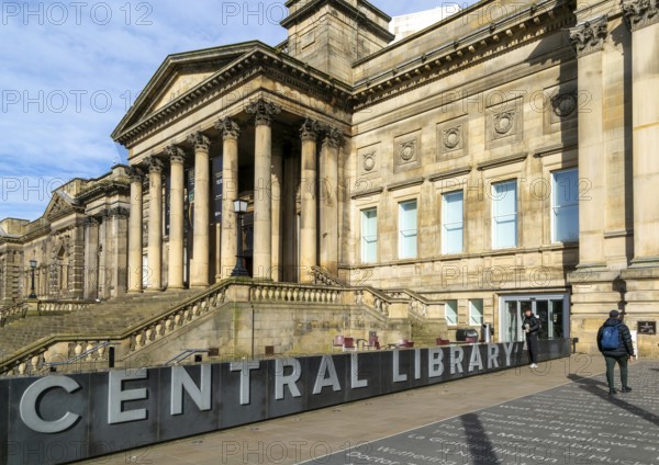 Portico entrance Neoclassical architecture of World Museum, Central Library buildings, city centre of Liverpool, England, UK opened 1850s