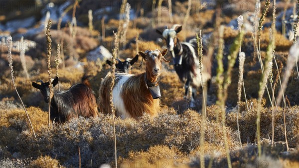 Goats in a sunny meadow landscape with tall plants, goat (s), free-range, west of Ntia-Lastos-Flaskounia nature park Park, mountains, Karpathos, Dodecanese, Greek Islands, Greece, Europe