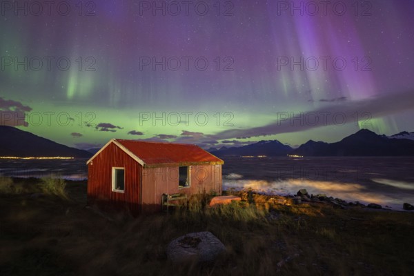 Northern Lights over a hut at the Lyngenfjord, Lyngen Alps, Lyngen, Troms og Finnmark, Norway, Europe