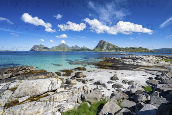 Beach at Myrland, coast and mountains, Flakstadoya, Lofoten, Norway, Europe