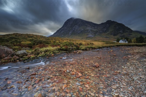 Wild river, cloudy mood, hut, cottage, long exposure, autumn, mountains, Lagangarbh Cottage, Buachaille Etive Mòr, Glencoe, Scottish Highlands, Scotland, Great Britain