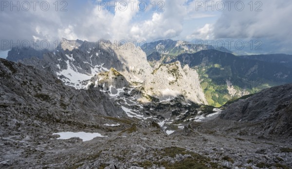 View of rugged, rocky mountain landscape, view from the summit of the Ackerlspitze, mountain peak of the Wilder Kaiser, Kaiser Mountains, Tyrol, Austria, Europe