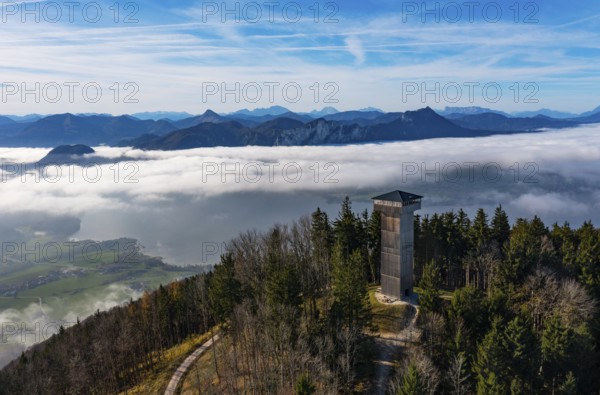 Drone shot, sea of fog in the Mondseeland with observation tower on the Kulmspitze, Mondsee, Salzkammergut, Upper Austria, Austria, Europe