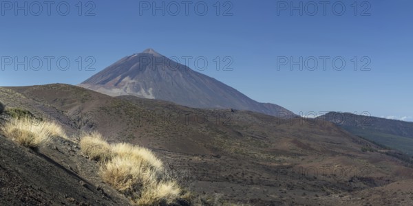 Panorama from the east over the Teide National Park, Parque Nacional del Teide, to Pico del Teide, 3715m, Tenerife, Canary Islands, Spain, Europe
