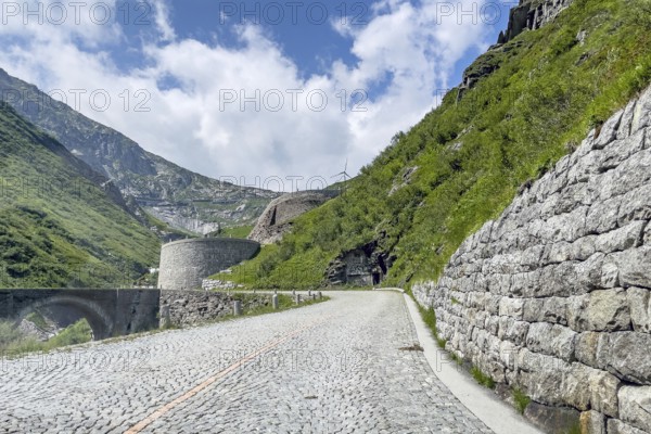 Old historic St. Gotthard Pass road Tremola Gotthard Pass Alpine pass Mountain road with cobblestones, Airolo, Ticino, Ticino, Switzerland, Europe
