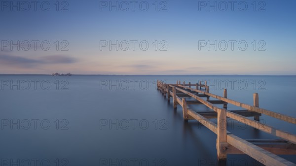 View of a partially dismantled jetty on the Steinhuder Meer, long exposure, Wilhelmstein, Hagenburg Canal, lake, nature photo, landscape photography, drifting clouds, landscape format, wood, Hagenburg, Hanover region, Lower Saxony, Germany, Europe