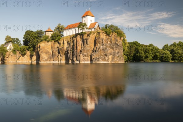 Kirchbruch lake and mountain church with water tower, Beucha, Leipzig district, Saxony, Germany, Europe