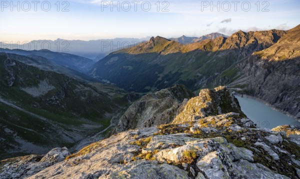 Picturesque mountain landscape at the summit of Mont de la Blana at sunset, view of La Dixence valley, Hérémence, Valais, Western Alps, Switzerland, Europe
